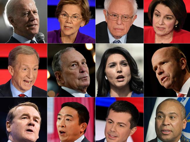 Democratic presidential candidates Joe Biden, Elizabeth Warren, Bernie Sanders, Amy Klobuchar, Tom Steyer, Michael Bloomberg, Tulsi Gabbard, John Delaney, Michael Bennet, Andrew Yang, Pete Buttigieg and Deval Patrick. Picture: AFP