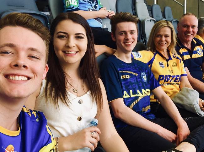 Loyal Parramatta Eels fans, from left to right, Brock Norris, Madalyn Barrett, Jack Norris, Katherine Norris and Michael Norris. Supplied Image