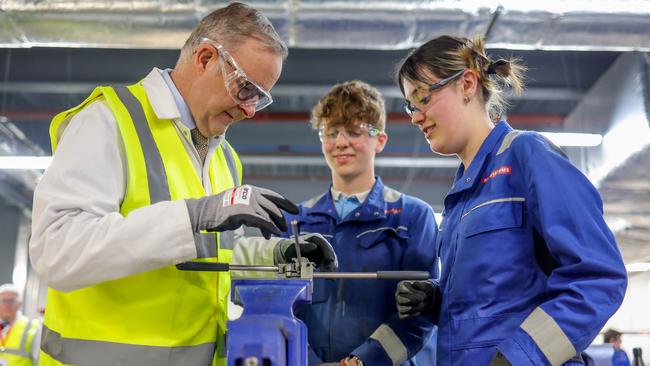 03/05/2023 -  The Australian Prime Minister Anthony Albanese with apprentices Jacob Gillibrand and Maddison Baillie while touring the BAE workshop in Barrow-in-Furness in the North of England. Picture by Andrew Parsons / The Australian Pool Image