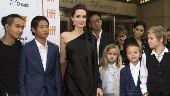 Angelina Jolie with five of her six kids (from left) Maddox, Pax, Vivienne, Knox and Shiloh. Picture: AFP/Valerie Macon
