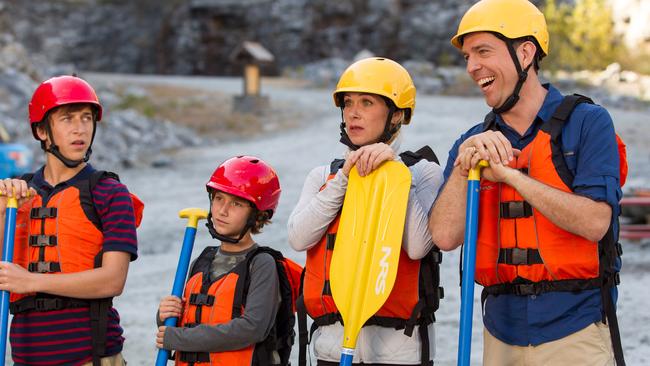 This photo provided by Warner Bros. Pictures shows, Skyler Gisondo, from left, as James Griswold, Steele Stebbins as Kevin Griswold, Christina Applegate as Debbie Griswold, and Ed Helms as Rusty Griswold, in a scene from New Line Cinema's comedy 