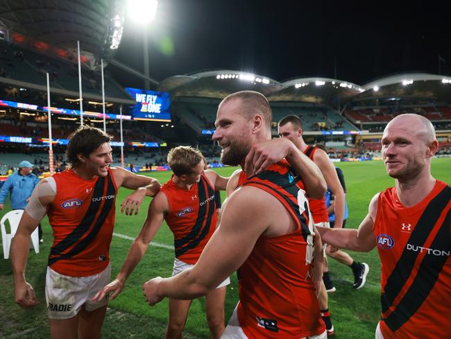 Essendon’s Jake Stringer and Nick Hind during this year’s Round 6 match. Picture: James Elsby