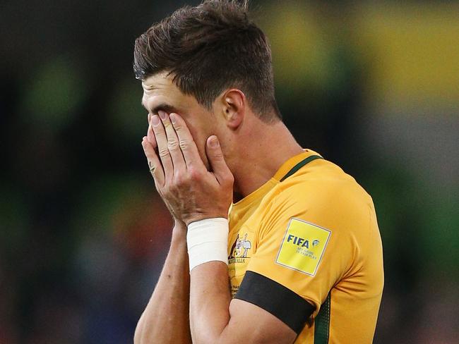 MELBOURNE, AUSTRALIA - SEPTEMBER 05:  Tomi Juric of the Socceroos reacts after the whistle during the 2018 FIFA World Cup Qualifier match between the Australian Socceroos and Thailand at AAMI Park on September 5, 2017 in Melbourne, Australia.  (Photo by Michael Dodge/Getty Images)