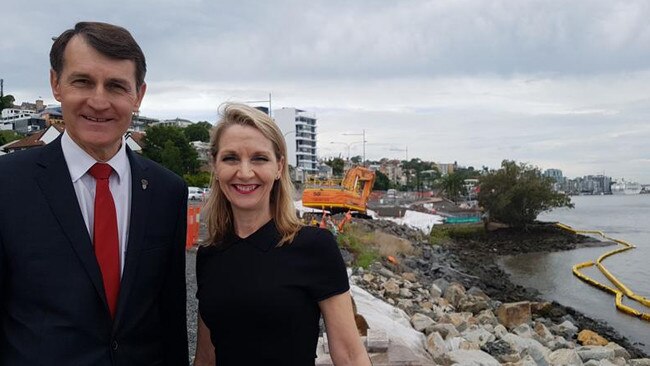 Lord Mayor Graham Quirk and Infrastructure chairman Amanda Cooper pictured on the day they announced the delays on Kingsford Smith Drive and that the Riverwalk would soon open. Picture: Ellen-Maree Elliot