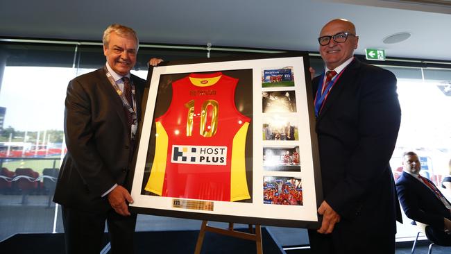 Vale Mario Biasin with a special edition Gold Coast Suns jersey. Picture: Supplied