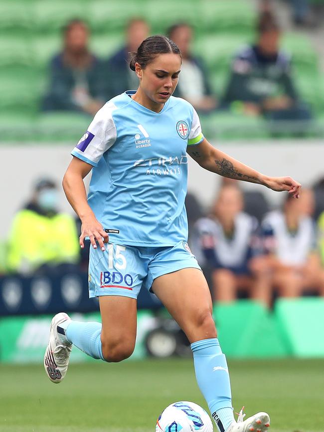 Emma Checker of Melbourne City in action against Melbourne Victory in an A-League Women's match at AAMI Park. (Photo by Kelly Defina/Getty Images)