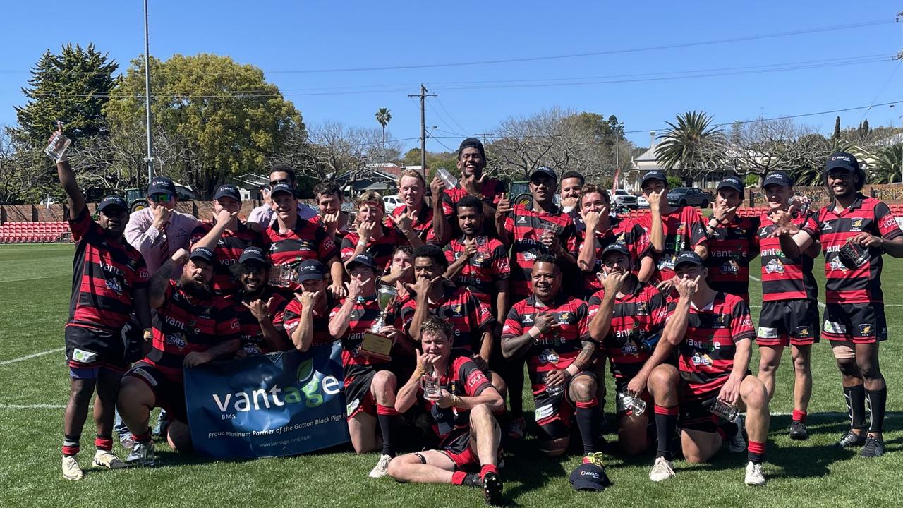 Gatton Black Pigs celebrate winning the 2024 Downs Rugby C-grade premiership.