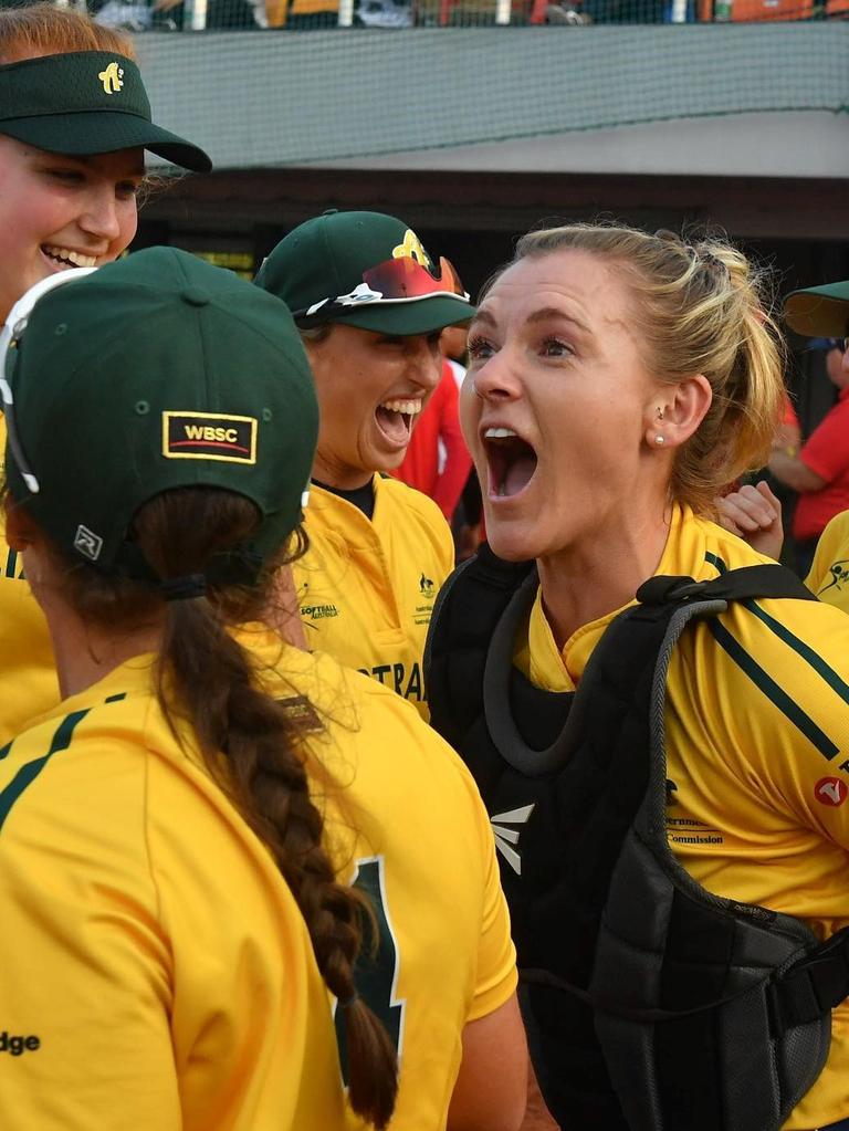 Belinda White celebrates after being part of the Australian team that qualified for the Olympics. Picture: Supplied, Softball Australia.