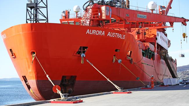 The Aurora Australis docked in Hobart ahead of its final voyage to Antarctica. Picture: ZAK SIMMONDS