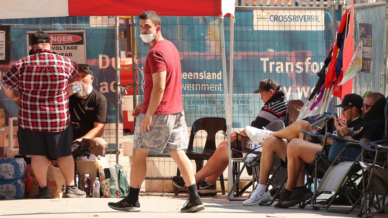 CFMEU blocking workers at the site of the Cross River Rail station Dutton Park. Picture: Liam Kidston