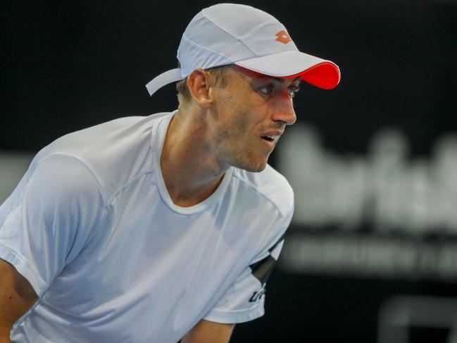 John Millman during a practice session at the Pat Rafter Arena.