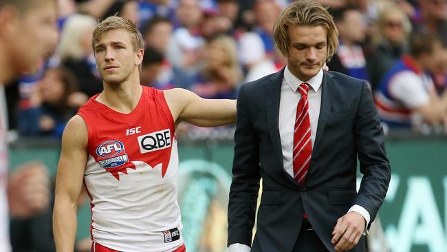 Brandon Jack with brother Kieran after missing the 2016 Grand Final, which the Swans lost to the Western Bulldogs. Picture: Colleen Petch