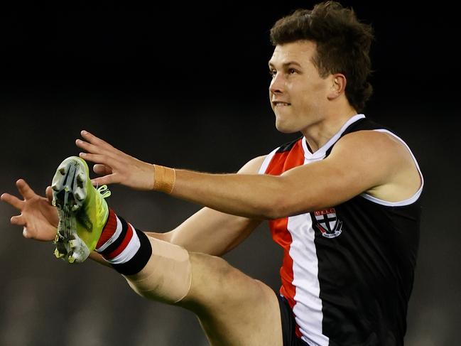 MELBOURNE, AUSTRALIA - JULY 17: Rowan Marshall of the Saints in action during the 2021 AFL Round 18 match between the St Kilda Saints and the Port Adelaide Power at Marvel Stadium on July 17, 2021 in Melbourne, Australia. (Photo by Michael Willson/AFL Photos via Getty Images)