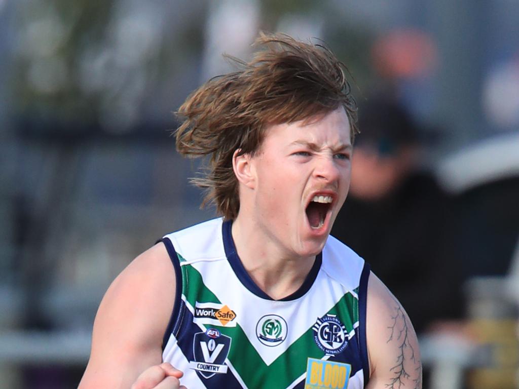 Noah Biggs celebrates a goal for the Saints. Picture: Mark Wilson