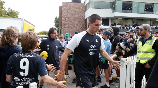 Jacob Weitering runs out onto Peter Motley Oval. Picture: Sarah Reed/AFL Photos