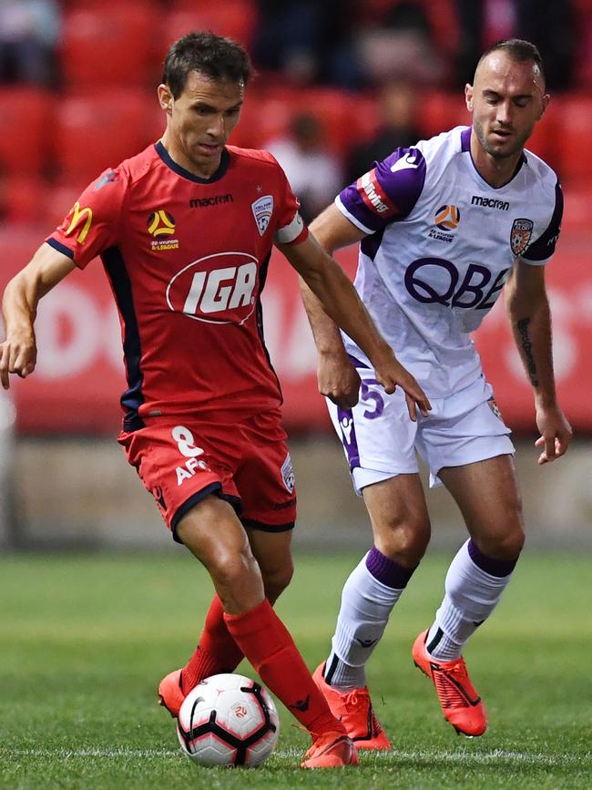 Adelaide United captain Isaias during the round 22 A-League match against top-of-the-table Perth Glory at Coopers Stadium on Friday. Picture: Mark Brake/Getty Images