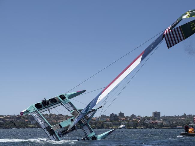 USA team failed to get to the race area after capsizing while being towed. Picture: SailGP