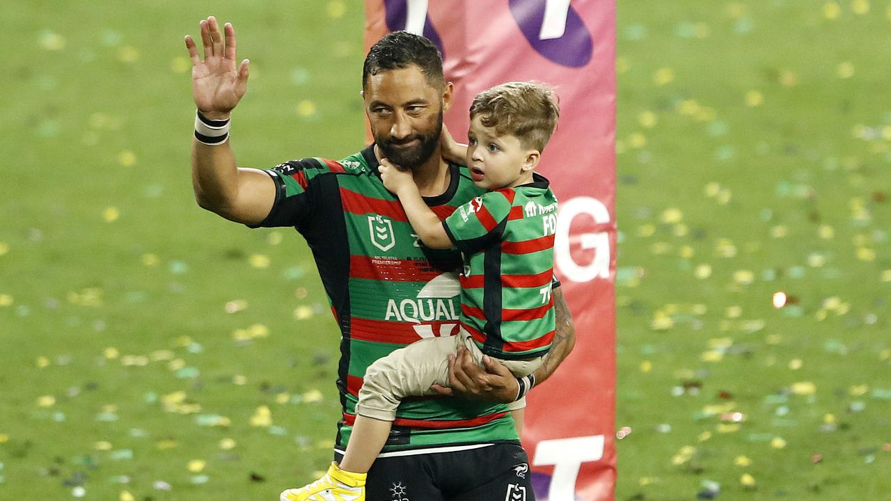 Benji Marshall with his son pictured after the loss to Penrith in the the NRL Grand Final between the South Sydney Rabbitohs and the Penrith Panthers, Suncorp Stadium, Brisbane 3rd of October 2021. (Image/Josh Woning)