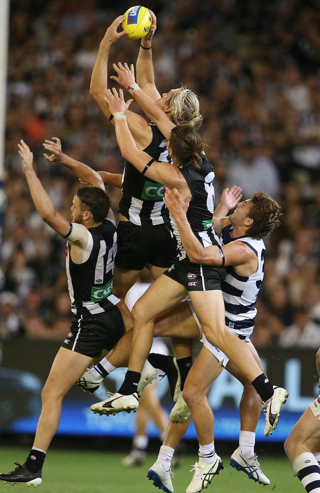 Darcy Moore takes a big pack mark. Picture: Michael Klein.