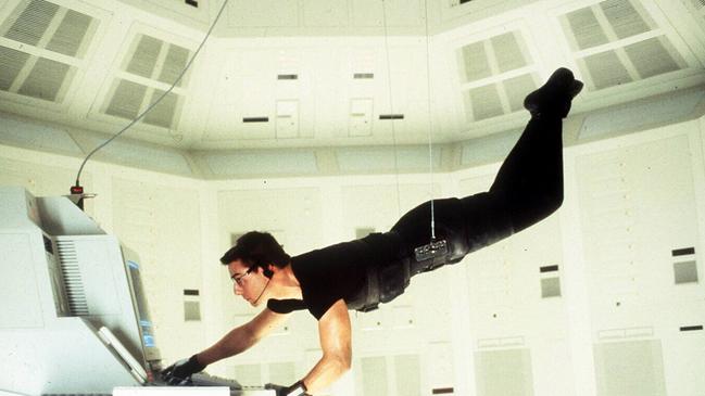 Actor Tom Cruise in stunt during 1996 film Mission Impossible