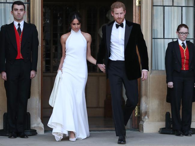 TMeghan Markle wearing a Stella McCartney gown. Picture: AFP/Steve Parsons