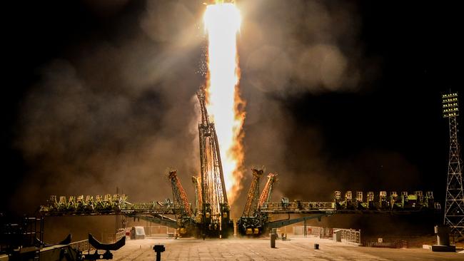 Russia's Soyuz MS-13 spacecraft carrying the members of the International Space Station (ISS) expedition 60/61, NASA astronaut Andrew Morgan, Russian cosmonaut Alexander Skvortsov and Italian astronaut Luca Parmitano of ESA. Picture: AFP