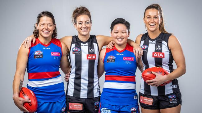 Richelle Cranston, Steph Chiocci, Amanda Ling and Ruby Schleicher reveal tales of sacrifice and hard work in Fearless: The Inside Story of the AFLW. Picture: Jake Nowakowski