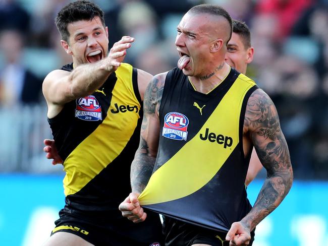 Trent Cotchin and Dustin Martin go nuts as Richmond runs away with the 2019 AFL Grand Final. Picture: Michael Klein.