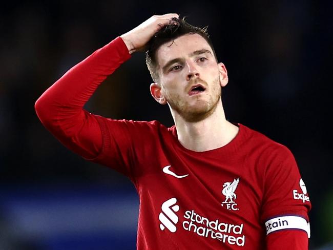 BRIGHTON, ENGLAND - JANUARY 14: Andrew Robertson of Liverpool looks dejected following the team's defeat in the Premier League match between Brighton & Hove Albion and Liverpool FC at American Express Community Stadium on January 14, 2023 in Brighton, England. (Photo by Bryn Lennon/Getty Images)