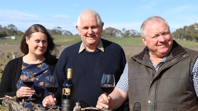 Rebecca Jenke, Rod Chapman and Mark Jenke at Jenke Vineyards. Picture: Jack Hudson