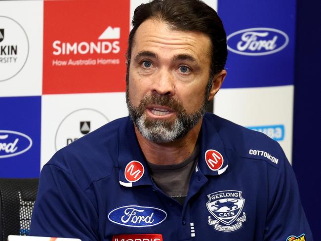 GEELONG, AUSTRALIA - AUGUST 06: Chris Scott, Senior Coach of the Cats speaks during a media opportunity at GMHBA Stadium on August 06, 2024 in Geelong, Australia. (Photo by Josh Chadwick/Getty Images)