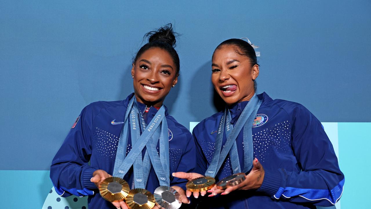 (L-R) Simone Biles and Jordan Chiles of Team United States pose with their Paris 2024 Olympic medals following the Artistic Gymnastics Women's Floor Exercise Final. (Photo by Jamie Squire/Getty Images)