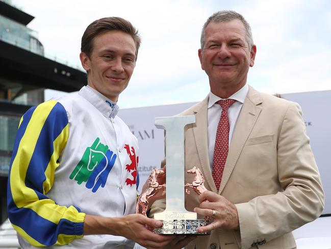 SYDNEY, AUSTRALIA - DECEMBER 09: Trainer Kris Lees celebrates after Dylan Gibbons riding Loch Eagle wins Race 7 The Ingham during "The Ingham Charity Raceday" - Sydney Racing at Royal Randwick Racecourse on December 09, 2023 in Sydney, Australia. (Photo by Jeremy Ng/Getty Images)