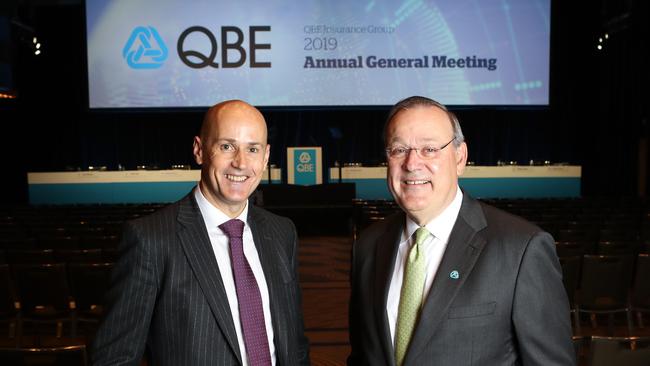 QBE Insurance CEO Patrick Regan and chairman Marston Becker at the company’s 2019 AGM. The major insurance provider has warned the pandemic is expected to cost the group $600 million over the next 12 to 18 months. Picture: Hollie Adams/The Australian