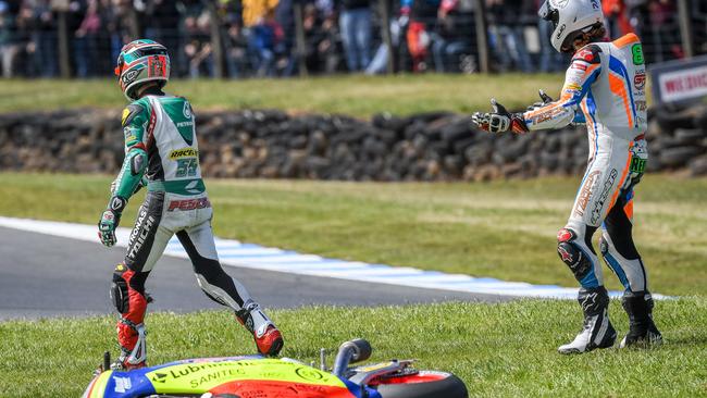 Remy Gardner’s Australian Moto2 race ended when he was taken out by Hafizh Syahrin at turn 10 at Phillip Island. Picture: Jake Nowakowski