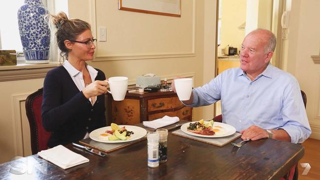 Mike Willessee eats his first paleo meal with Pete Evans’ wife Nicola Robinson. Picture: Channel 7