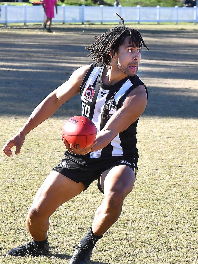 Sherwood player Hiovake Livesey QAFL match between home team Sherwood Magpies and Noosa AFC. Saturday June 19, 2021. Picture, John Gass