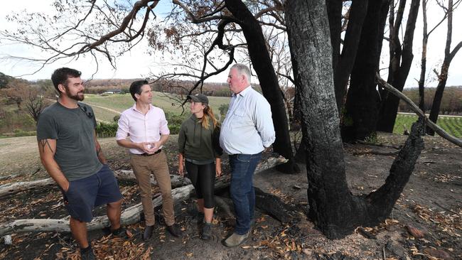 Tourism Minister Simon Birmingham meets Bowyer Ridge Vineyard owner Charles Rosback and backpackers Diann van der Lann from the Netherlands and Matthew Dunlop from Canada. Picture: Tait Schmaal