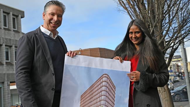 Techne Invest director Matt O’Halloran and Acting Hobart Lord Mayor Zelinda Sherlock mark the approval of Techne Invest's office tower development on the corner of Liverpool and Macquarie streets. Picture: Supplied/Hobart City Council