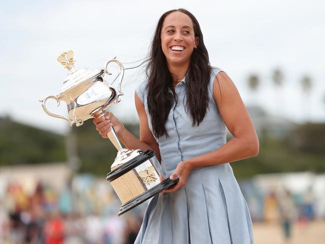 MELBOURNE, AUSTRALIA - JANUARY 26: Madison Keys of the United States poses with the Daphne Akhurst Memorial Cup during the 2025 Australian Open Women's champion media opportunity at Brighton Life Saving Club on January 26, 2025 in Melbourne, Australia. Keys defeated Aryna Sabalenka in last night's Women's Singles Final. (Photo by Kelly Defina/Getty Images)