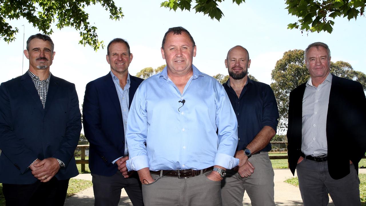 (L-R) All Black coaching staff Scott McLeod, John Plumtree, Ian Foster, Greg Feek and Grant Fox during an All Black coaching media announcement.