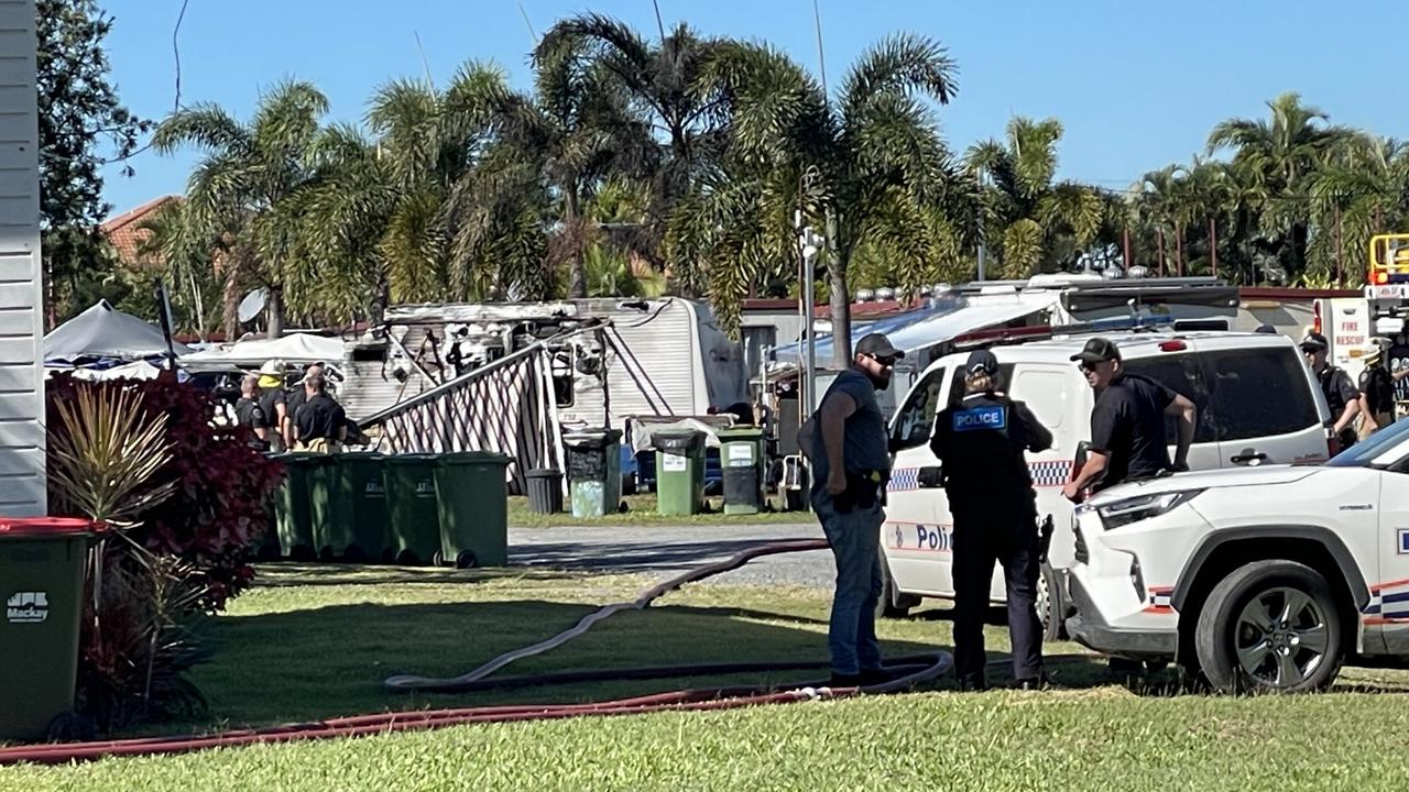 Emergency crews are on scene at Premier Caravan Park after a van caught fire, with flames spreading to and destroying a second caravan and damaging a third on June 8, 2024. Residents were evacuated. Picture: Janessa Ekert