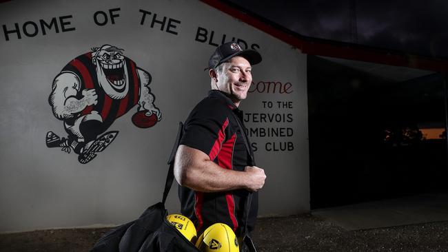 Jervois Football Club president Russell Jervois arrives to set up training on Tuesday night. Picture: Sarah Reed.