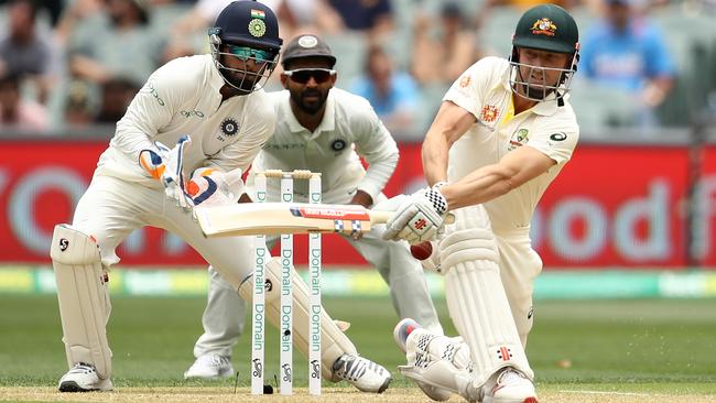 ADELAIDE, AUSTRALIA - DECEMBER 07: Shaun Marsh of Australia bats during day two of the First Test match in the series between Australia and India at Adelaide Oval on December 07, 2018 in Adelaide, Australia. (Photo by Ryan Pierse/Getty Images)