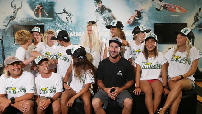 Joel Parkinson at the Australian Academy of Surfing at Casurina with juniors from the Subway Program. Picture: Glenn Hampson