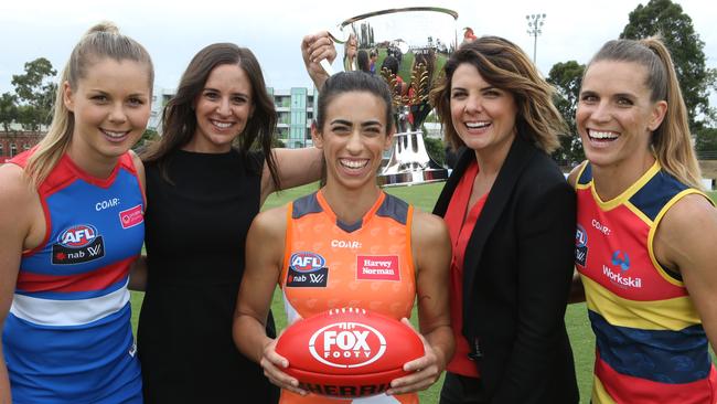 Fox Footy commentators Neroli Meadows and Kelli Underwood with stars of the AFLW. Picture: Wayne Ludbey