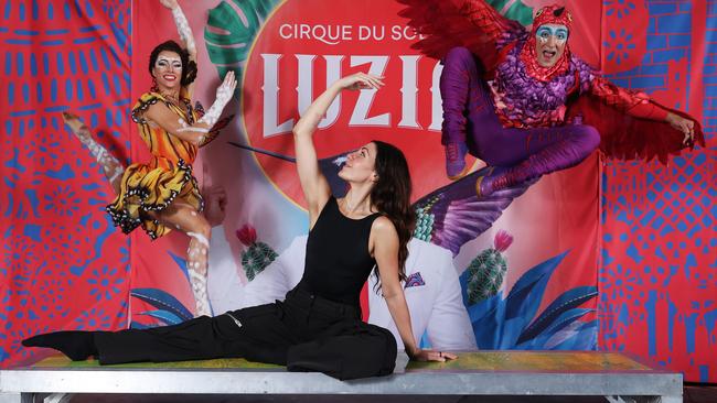 Bianca Farmakis with performers from Cirque du Soleil's Luzia show, Helena Merton and Nelson Smyles. Picture: John Feder/The Australian.