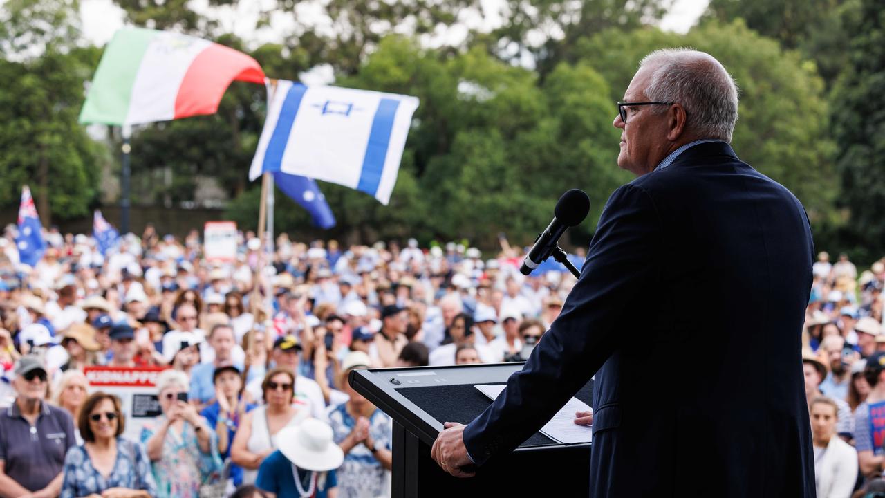 Mr Morrison speaks at an anti-Semitism rally in Sydney in February this year. Mr Morrison is a Christian and his memoir is infused with Christian spirituality. Picture: NCA NewsWire / David Swift