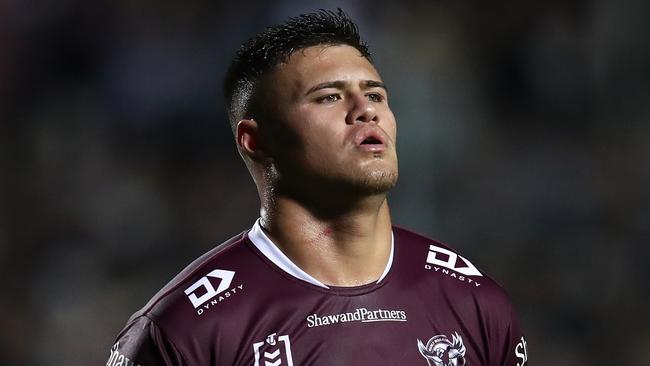 SYDNEY, AUSTRALIA - JUNE 09:  Josh Schuster of the Sea Eagles reacts during the round 15 NRL match between Manly Sea Eagles and Dolphins at 4 Pines Park on June 09, 2023 in Sydney, Australia. (Photo by Jason McCawley/Getty Images)