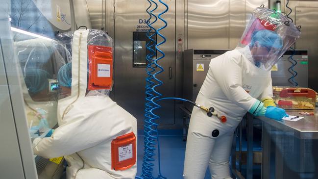 Workers inside the P4 laboratory in Wuhan. Picture: AFP.